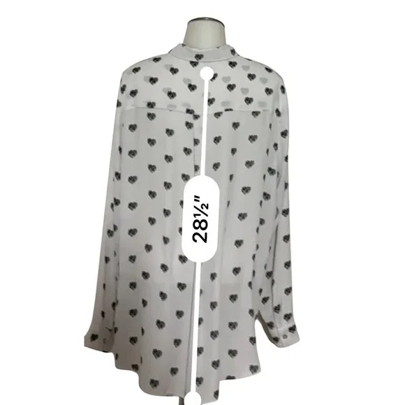 Rose Olive Womens XL White Black Hearts Print Button Up Shirt Long Sleeve blouse - Picture 2 of 10
